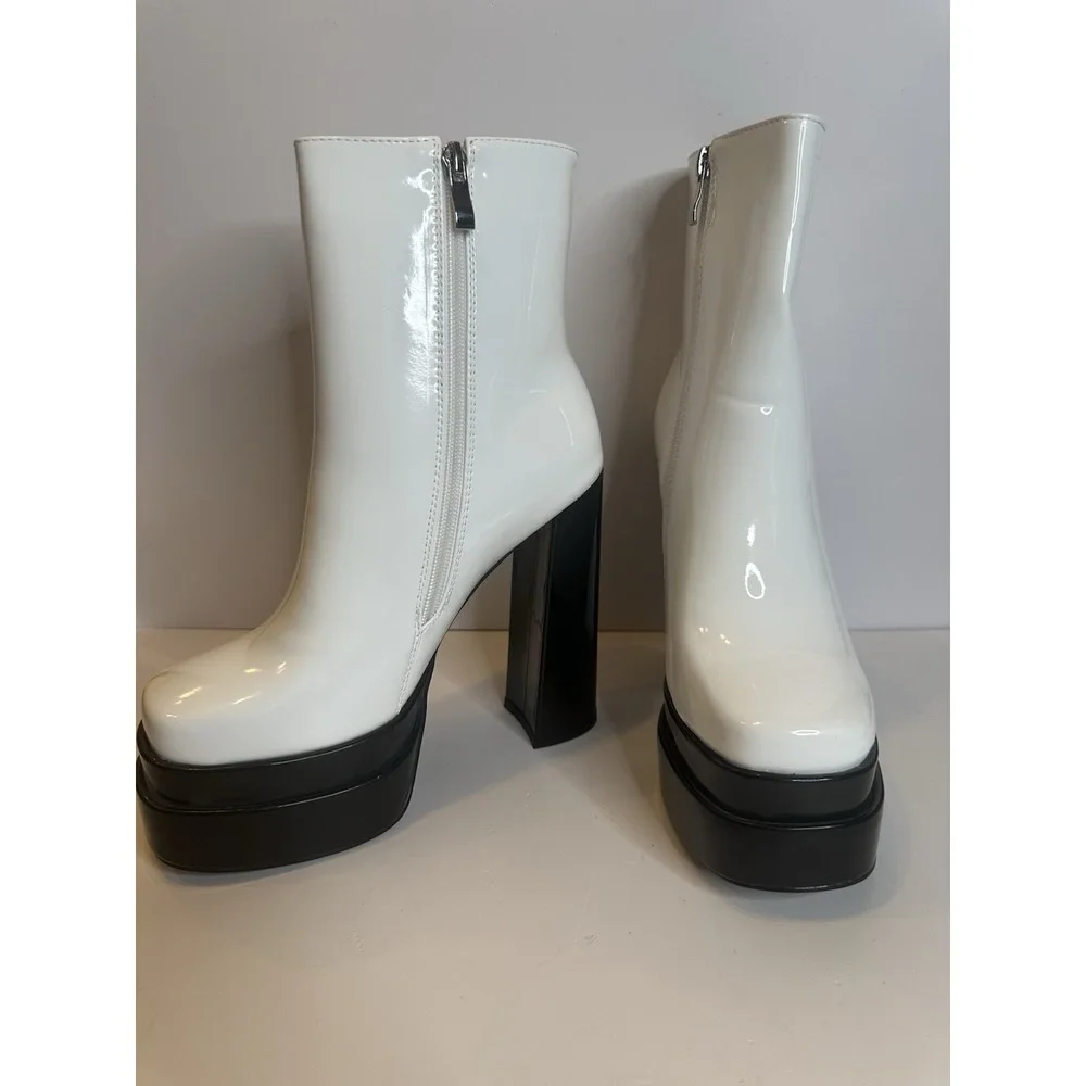 Azalea Wang Women's Platform Boots Size 7.5 White Patent Leather Fashion Shoes